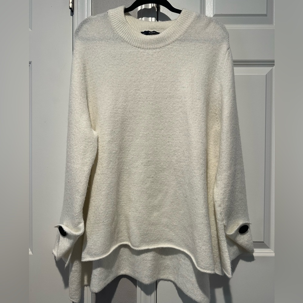 Zara knit oversized scoop neck sweater with black velvet button sleeves.